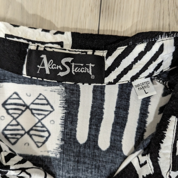 Vintage 1980s Alan Stuart pocketed black n white tee size L geometric pattern - Picture 6 of 9